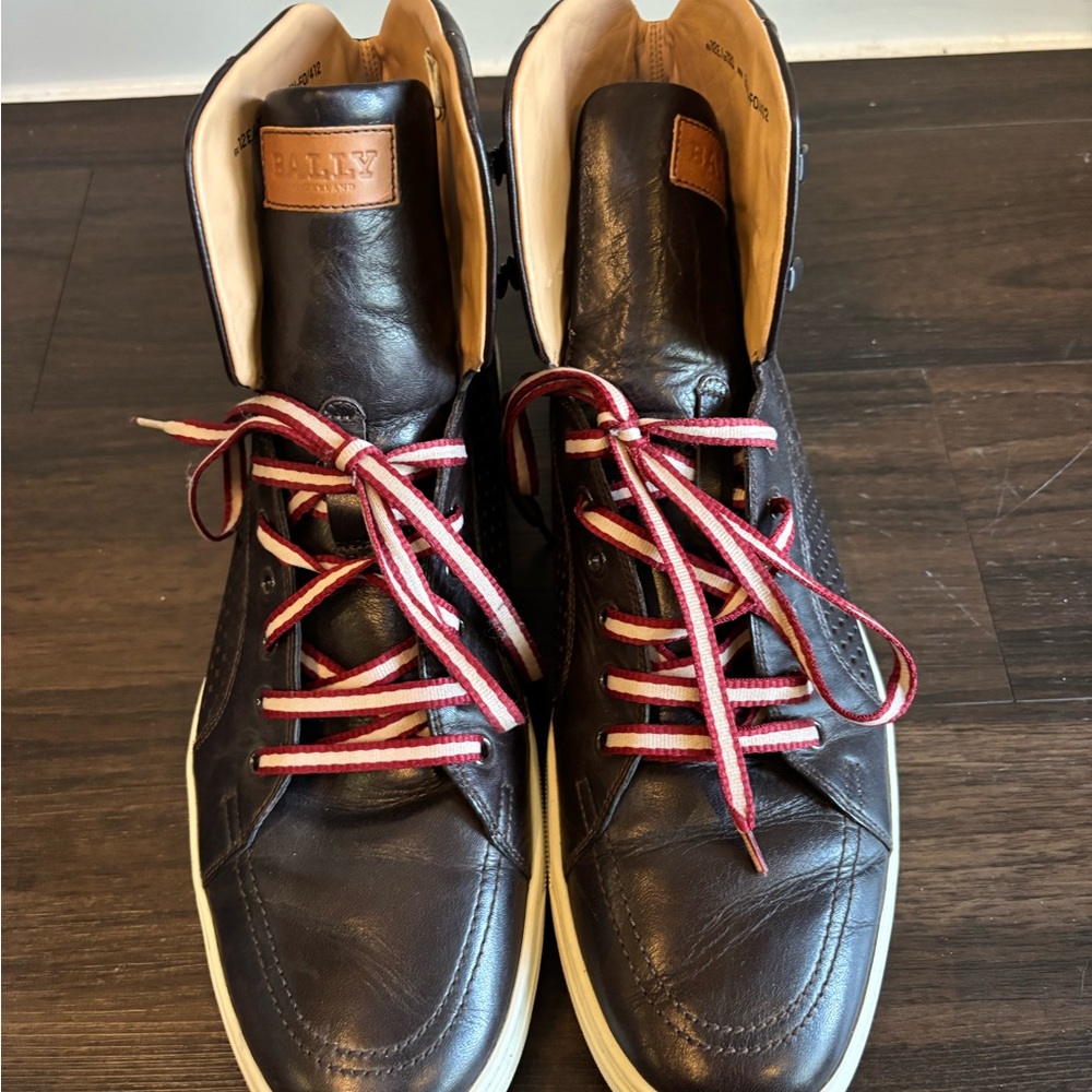 Bally Brown Leather High-Top Sneakers with Red & White Laces